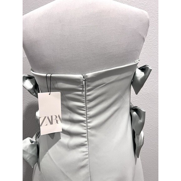 ZARA NEW WOMAN FITTED STRAPLESS MIDI DRESS WITH SATIN BOWS SEA GREEN SIZE LARGE - Picture 12 of 16